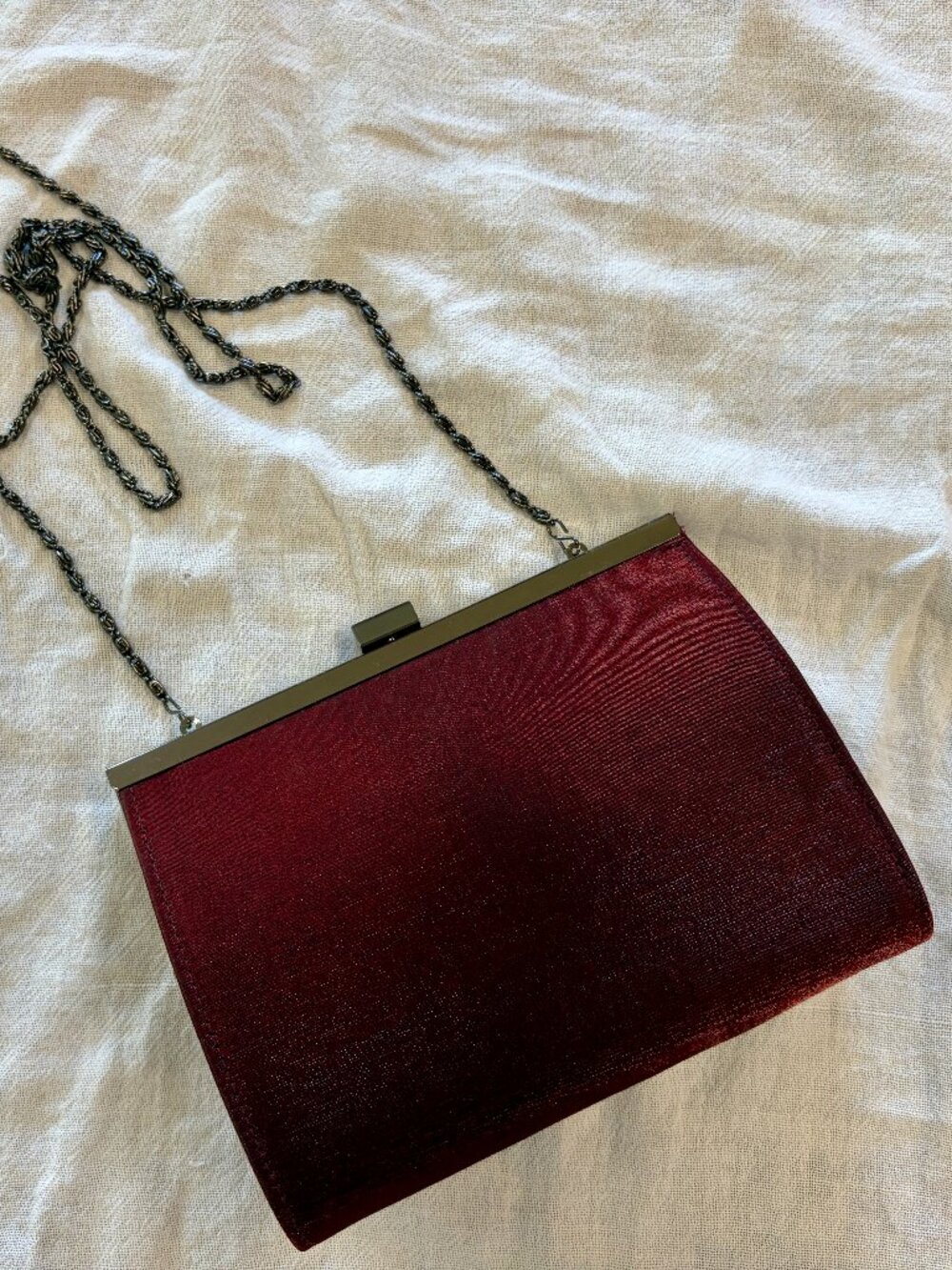 NWOT luscious burgundy satin evening bag, pewter-tone chain strap